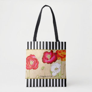 Snyggt Red Poppy Blommigt Black Rand med Namn Tygkasse