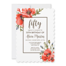 Snyggt Red Poppy Flower 50:e födelsedagsinbjudan