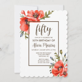 Snyggt Red Poppy Flower 50:e födelsedagsinbjudan Inbjudningar