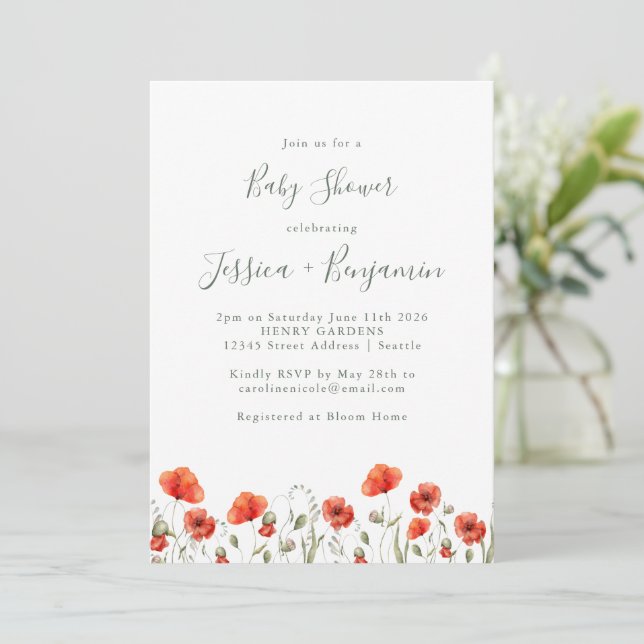 Snyggt Red Poppy Garden Blommigt Baby Shower Inbjudningar (Stående Fram)