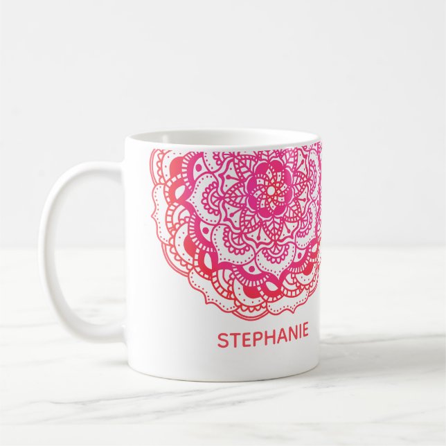 Snyggt Red Rosa Custom Name Boho Mandala Kaffemugg (Vänster)
