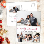Snyggt Red Script Photo Collage jul Vykort<br><div class="desc">Minimalistiskt, Snyggt Elegant Calligraphy Red and White 4 Photo Collage "God jul" Script Helgdag jul PostCard. Den här snygga, enkla fyra (4) fotokortmallen innehåller en söt fotokollage och säger "God jul"! helgdag! Texten "God jul" hälsning är skriven på ett vackert handskrivet visuellt, snabbt och färdigt sätt att byta teckensnitt mot...</div>