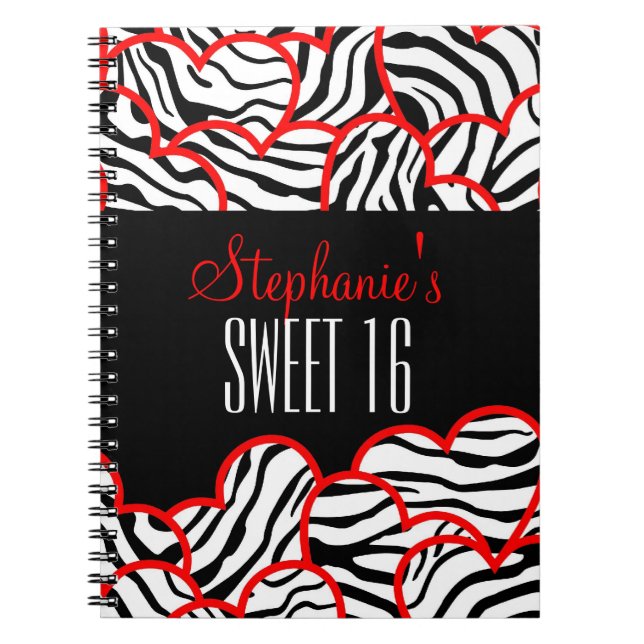 Snyggt Red Sweet 16 Zebra Heart Design Namn Anteckningsbok (Framsidan)