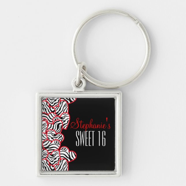Snyggt Red Sweet 16 Zebra Heart Design Namn Fyrkantig Silverfärgad Nyckelring (Framsidan)