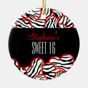 Snyggt Red Sweet 16 Zebra Heart Design Namn Julgransprydnad Keramik