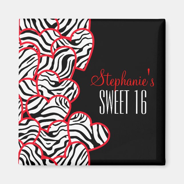 Snyggt Red Sweet 16 Zebra Heart Design Namn Magnet (Framsidan)