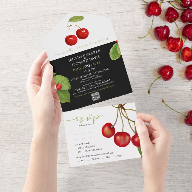 Snyggt Red White Black Cherry Fruits QR Bröllop (Skapare uppladdad)