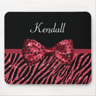 Snyggt Red Zebra tryck FAUX Glitz Bow med Namn Musmatta