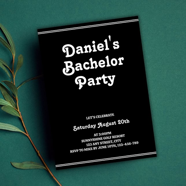 Snyggt Retro Black Simple Groovy Bachelor Party Inbjudningar (Retro Black Simple Groovy Stylish Bachelor Party Invitation)