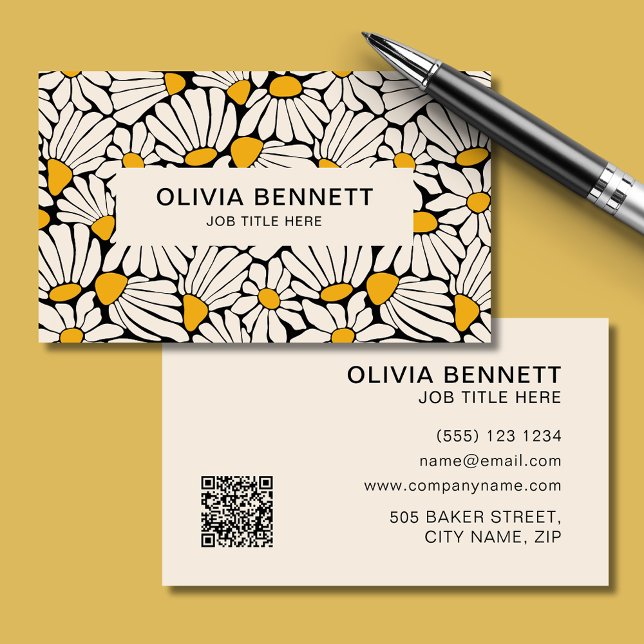 Snyggt Retro Blommigt senap botaniskt Visitkort (Stylish Retro Floral mustard botanical Business Card. Edit online and add your own QR code.)