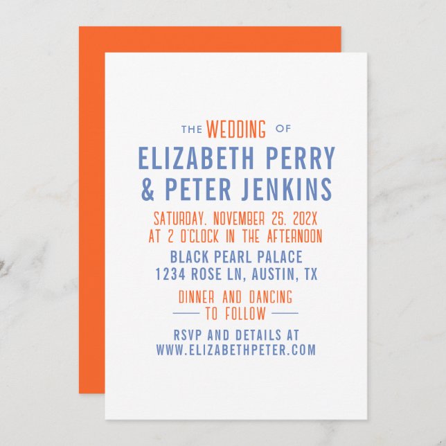 Snyggt Retro Orange Blue Bröllop Inbjudningar (Fram/baksida)