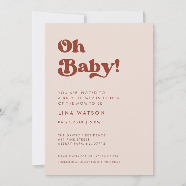 Snyggt retro Peach Rosa Oh Baby Inbjudningar (Framsida)