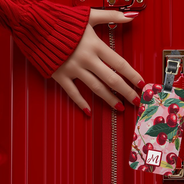 Snyggt Retro Rosa och Red Monogrammed Cherry Bagagebricka (Stylish Monogrammed Vintage Pink and Cherry Red Luggage Tag)