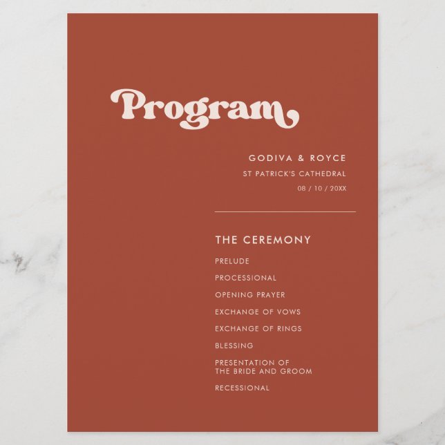 Snyggt retro terracotta bröllop program (Framsida)