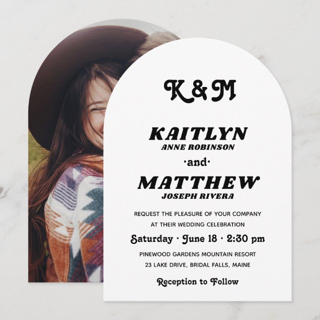 Snyggt Retro Typography Monogram Photo Bröllop Inbjudningar (Fram/baksida)