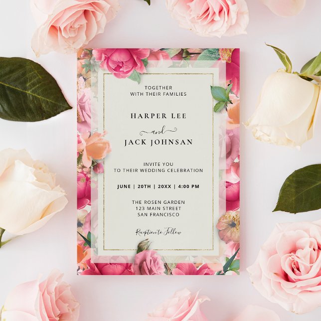 Snyggt Ro Garden Guld Ram bröllopsinbjudan Inbjudningar (Stylish Roses Garden Pink Gold Frame Invitation)