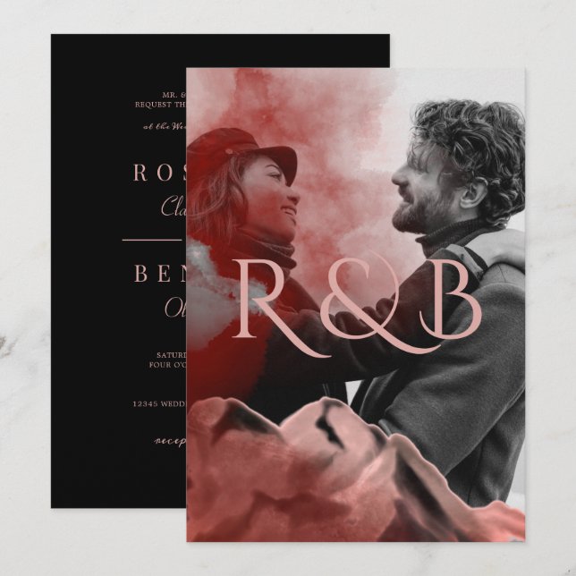 Snyggt Ro Guld bergen överlägg Foto Bröllop Inbjudningar (Fram/baksida)