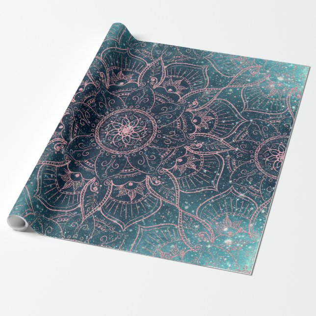 Snyggt Ro Guld Mandala Blue Nebula Stars Presentpapper (Utrullad)