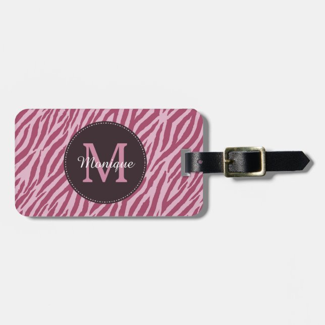Snyggt Ro Rosa Zebra tryck Monogram och Namn Bagagebricka (Horisontell Framsida)