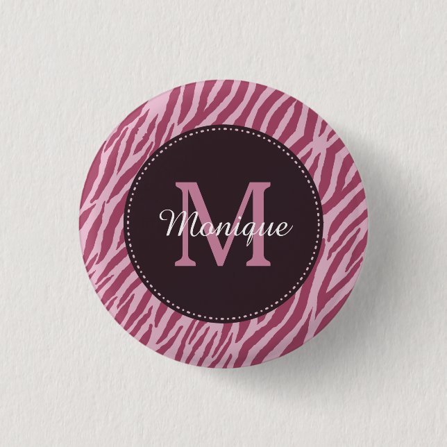 Snyggt Ro Rosa Zebra tryck Monogram och Namn Knapp (Framsida)