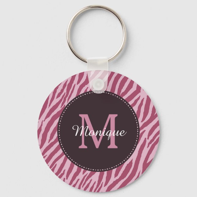Snyggt Ro Rosa Zebra tryck Monogram och Namn Nyckelring (Framsida)
