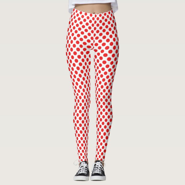 Snyggt röd polka dots mönster på vit leggings (Framsida)