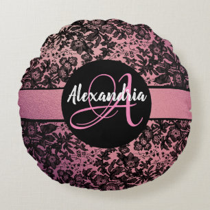 Snyggt Rosa Black Blommigt Monogram Rund Kudde
