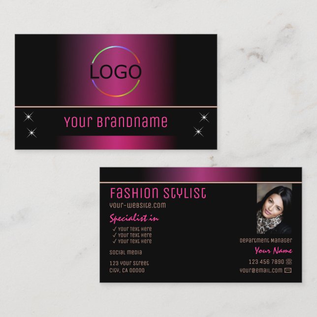Snyggt Rosa Black Modern med Logotyp och foto Visitkort (Fram/baksida)