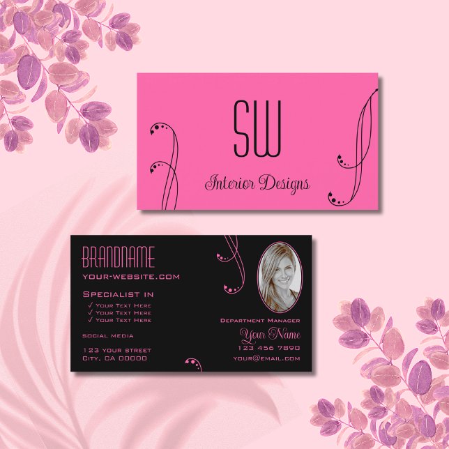 Snyggt Rosa Black Ornate med Monogram och Photo Visitkort (Skapare uppladdad)