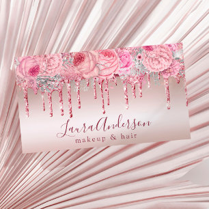 Snyggt rosa blommigt glitter droppar makeup & hår visitkort