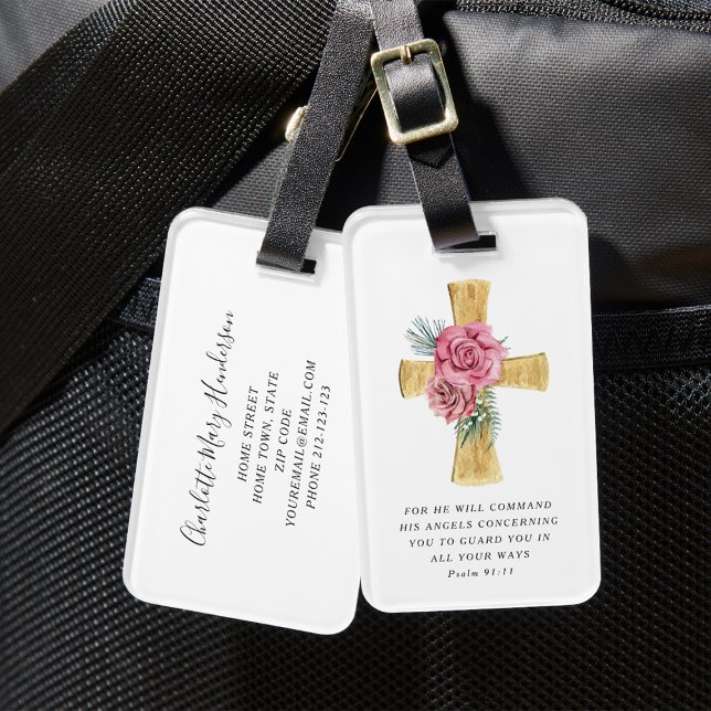 Snyggt Rosa Blommigt Kor Bagagebricka (Religious Floral Cross Psalm 91:11 Bible Verse Luggage Tag)