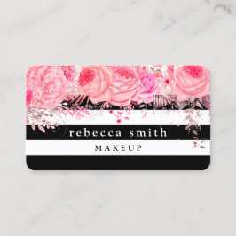 Snyggt rosa blommigt svartvit rand makeup visitkort