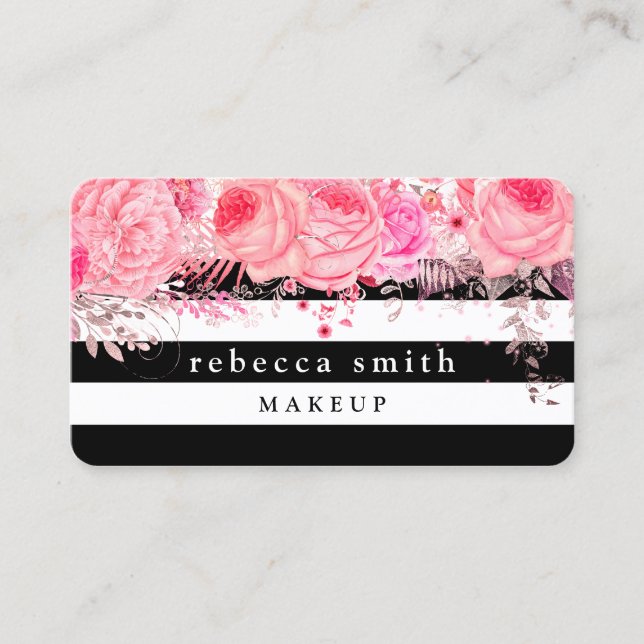 Snyggt rosa blommigt svartvit rand makeup visitkort (Framsida)