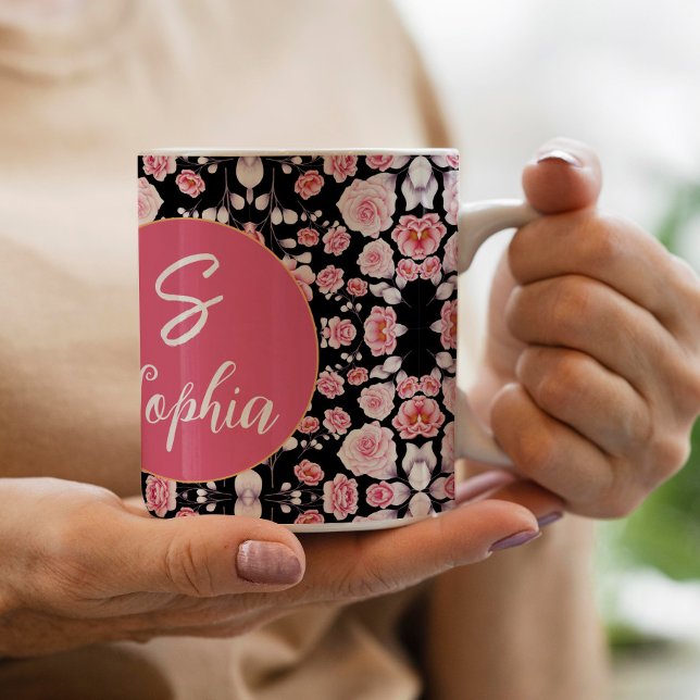 Snyggt Rosa blommönster Script Monogrammad Jumbo Mugg (Skapare uppladdad)