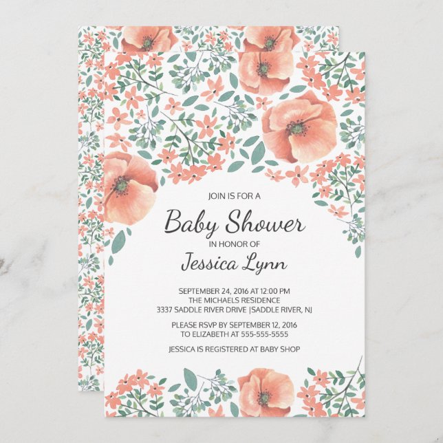 Snyggt rosa blommor Baby Shower-inbjudan Inbjudningar (Fram/baksida)