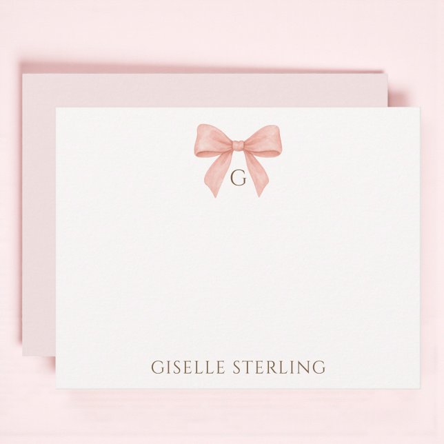 Snyggt Rosa Bow Watercolor Monogram Anteckningskort (Skapare uppladdad)