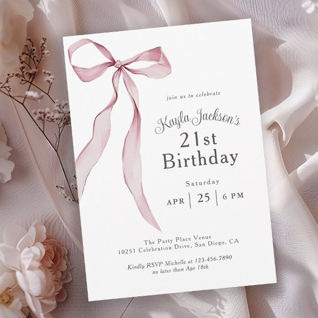 Snyggt Rosa Coquette Bow 21 Birthday Party Inbjudningar (Available in both printed and instant download digital formats.)