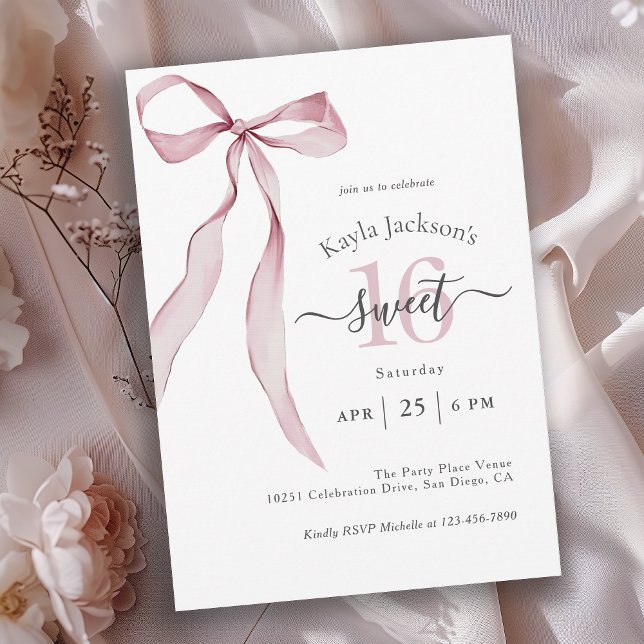 Snyggt Rosa Coquette Bow Sweet 16 Birthday Inbjudningar (Available in both printed and instant download digital formats.)