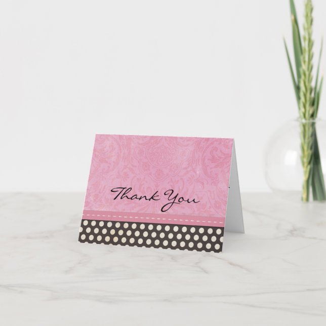 Snyggt Rosa Damask med svartvit polka-punkt Tack Kort (Framsida)