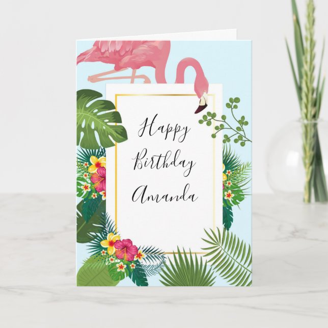 Snyggt Rosa Flamingo och Tropical Löv Birthday Kort (Framsida)