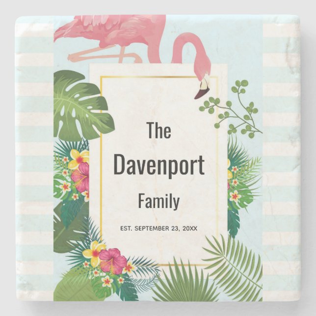 Snyggt Rosa Flamingo och Tropical Löv Stone Co. Stenunderlägg (Framsidan)