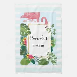 Snyggt Rosa Flamingo och Tropical Lövs Kitchen Kökshandduk