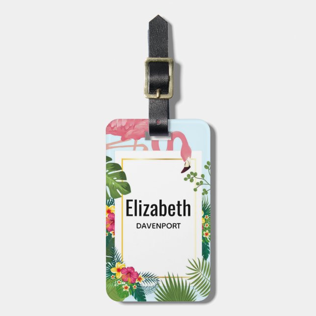Snyggt Rosa Flamingo och Tropiskt Löv Bagagebricka (Vertikal Framsida)