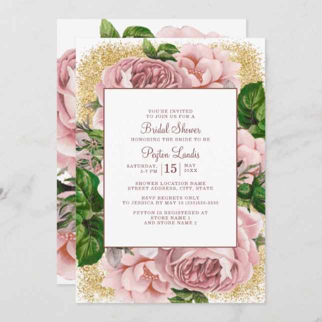 Snyggt Rosa Flowers Guld Glitter Möhippa Inbjudningar (Fram/baksida)