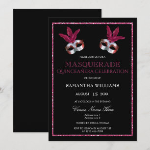 Snyggt Rosa Glitter Masquerad Quinceañera Inbjudningar