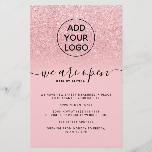 Snyggt rosa glitter priser logo Vi är öppna Flyer (Framsidan)