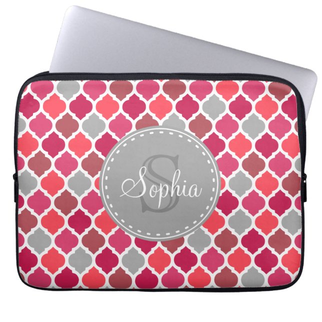 Snyggt Rosa Grått Moroccan Mönster Monogram Laptop Fodral (Framsidan)