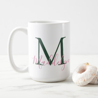 Snyggt rosa & grönt anpassat initialmonogram kaffemugg