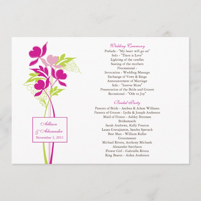 Snyggt Rosa & Grönt Bouquet-Bröllopsprogram Program (Framsida)