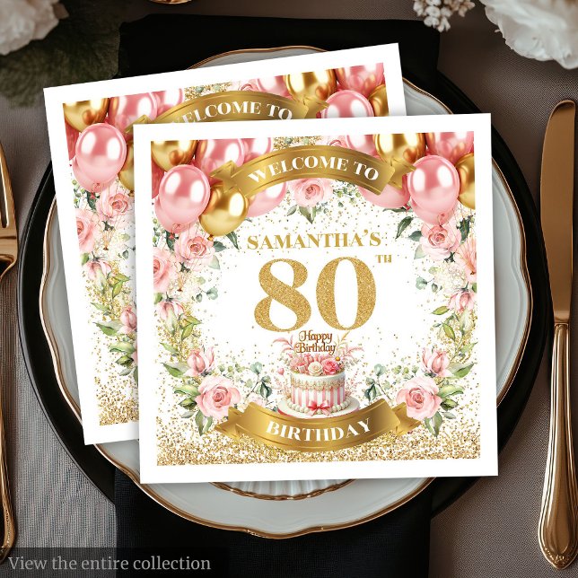 Snyggt Rosa Guld 80:e Födelsedagsfesten Napkin Set Pappersservett (Stylish Pink Gold 80th Birthday Party Napkin Set)